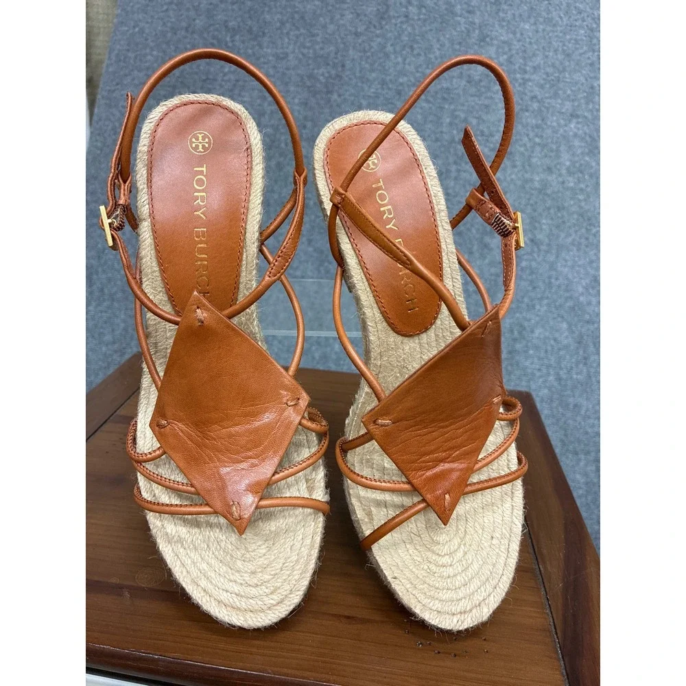 Tory Burch Tan Leather Strappy Espadrille Wedge Sandals Size 7.5 NEW